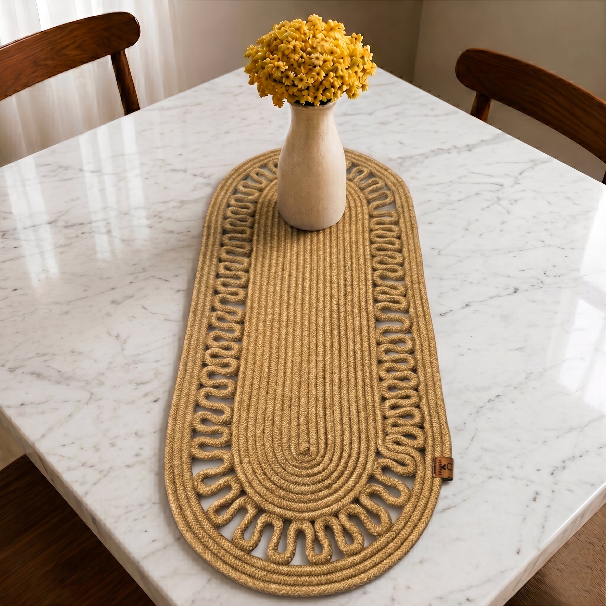 Oval Jute Table Runner with Wicker - Boho Dining Table Decor