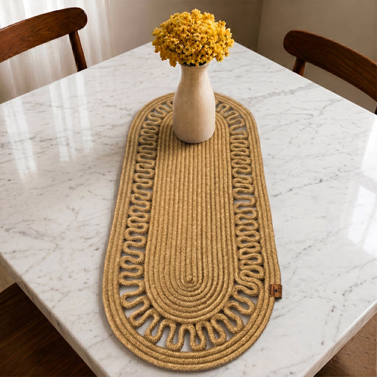 Oval Jute Table Runner with Wicker - Boho Dining Table Decor