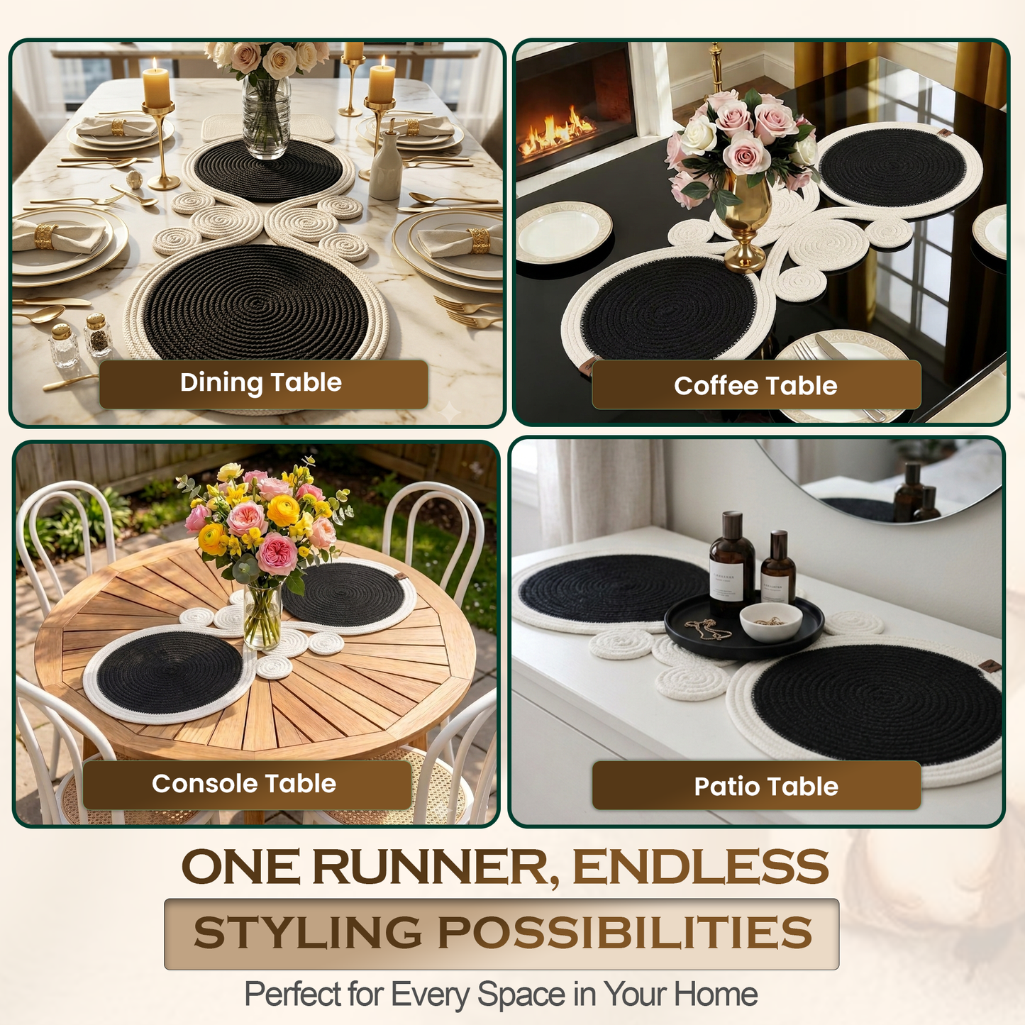Black and White Handmade Jute Table Runner