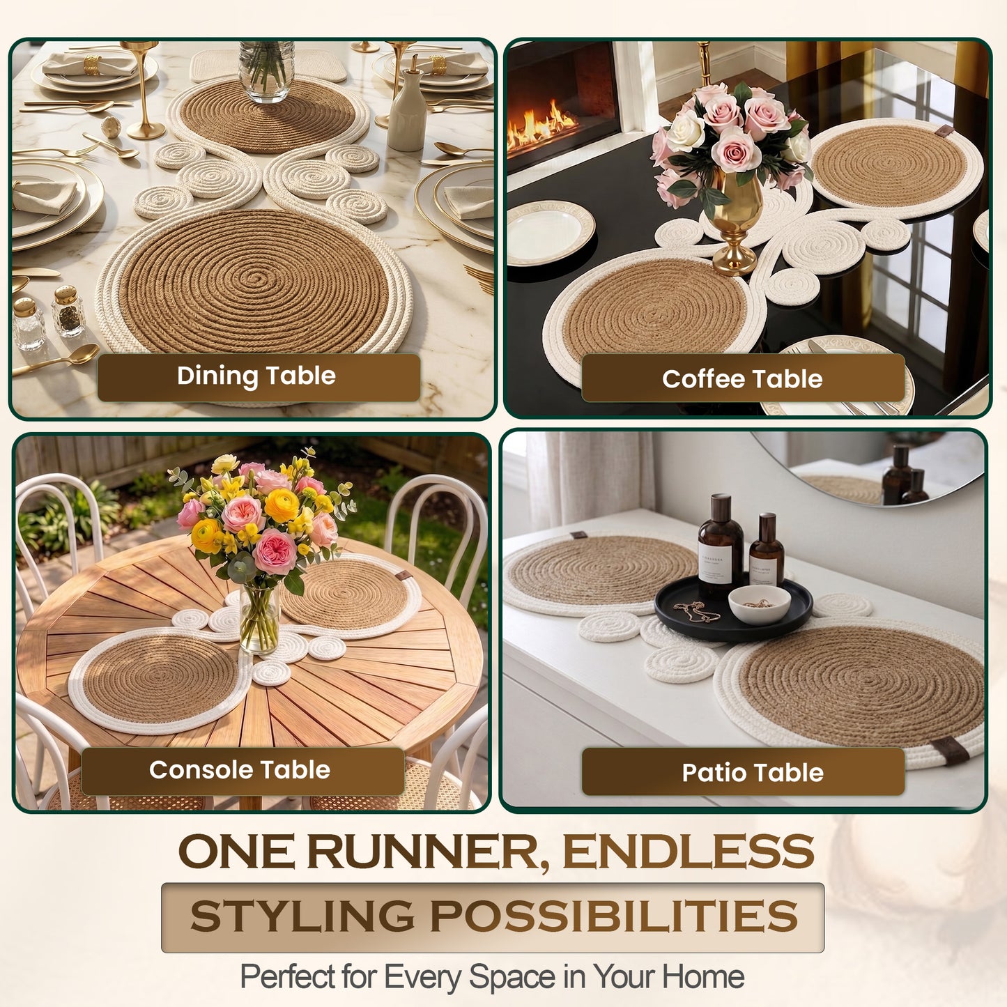 Boho Jute Table Runner, Handmade Wicker Center Table Decor