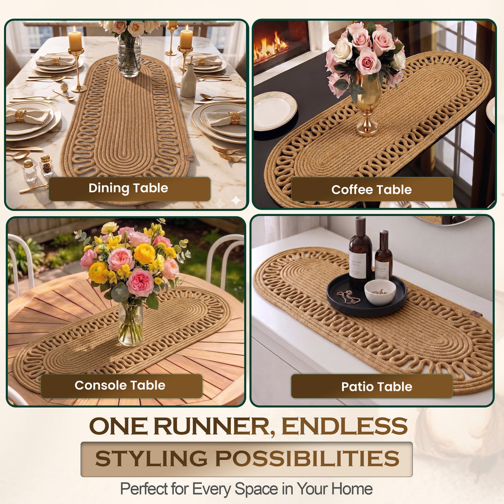 Oval Jute Table Runner with Wicker - Boho Dining Table Decor