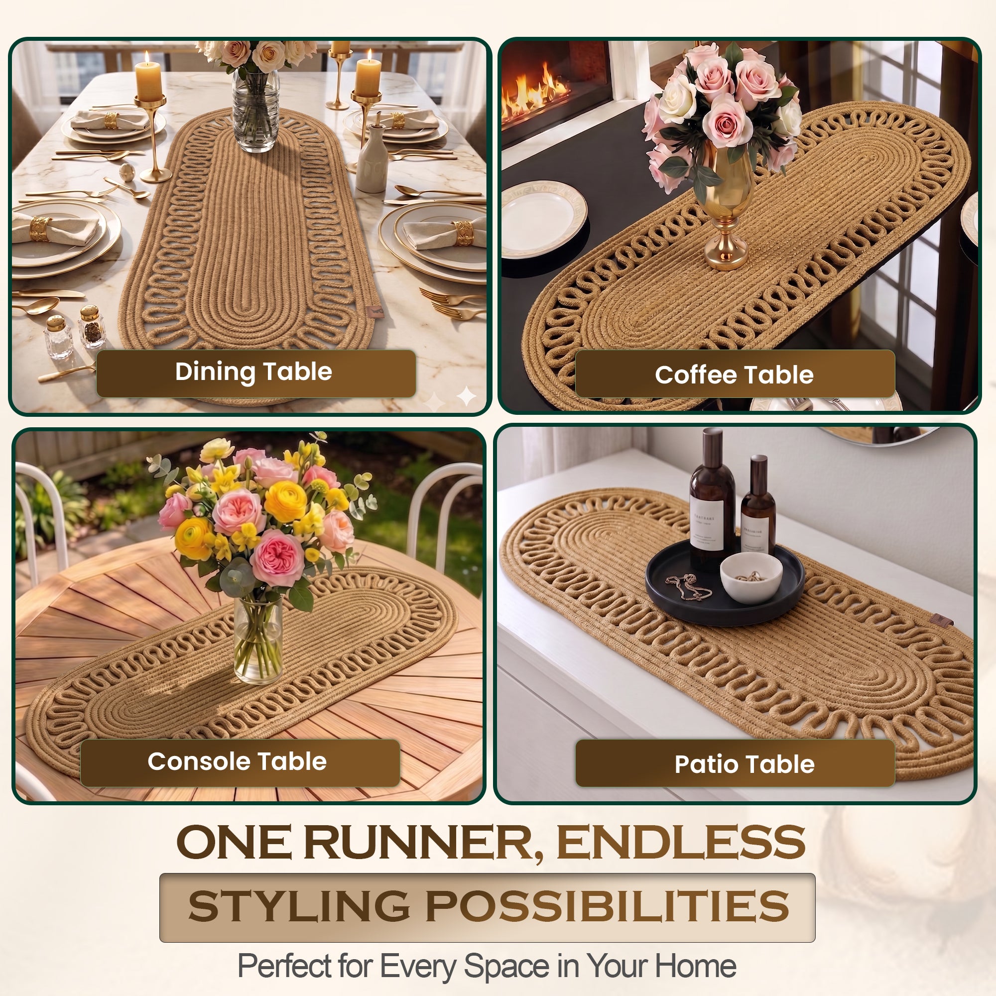 Oval Jute Table Runner with Wicker - Boho Dining Table Decor