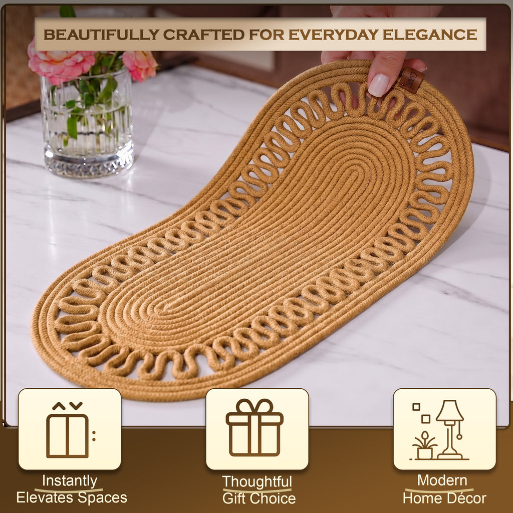 Oval Jute Table Runner with Wicker - Boho Dining Table Decor