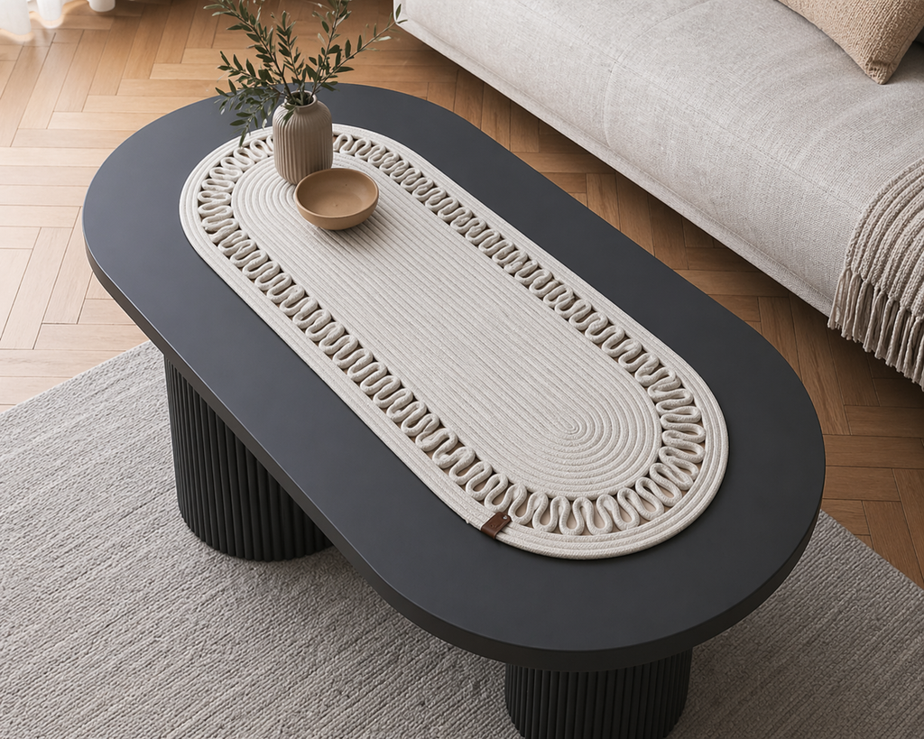 Cream Handwoven Oval Jute Table Runner