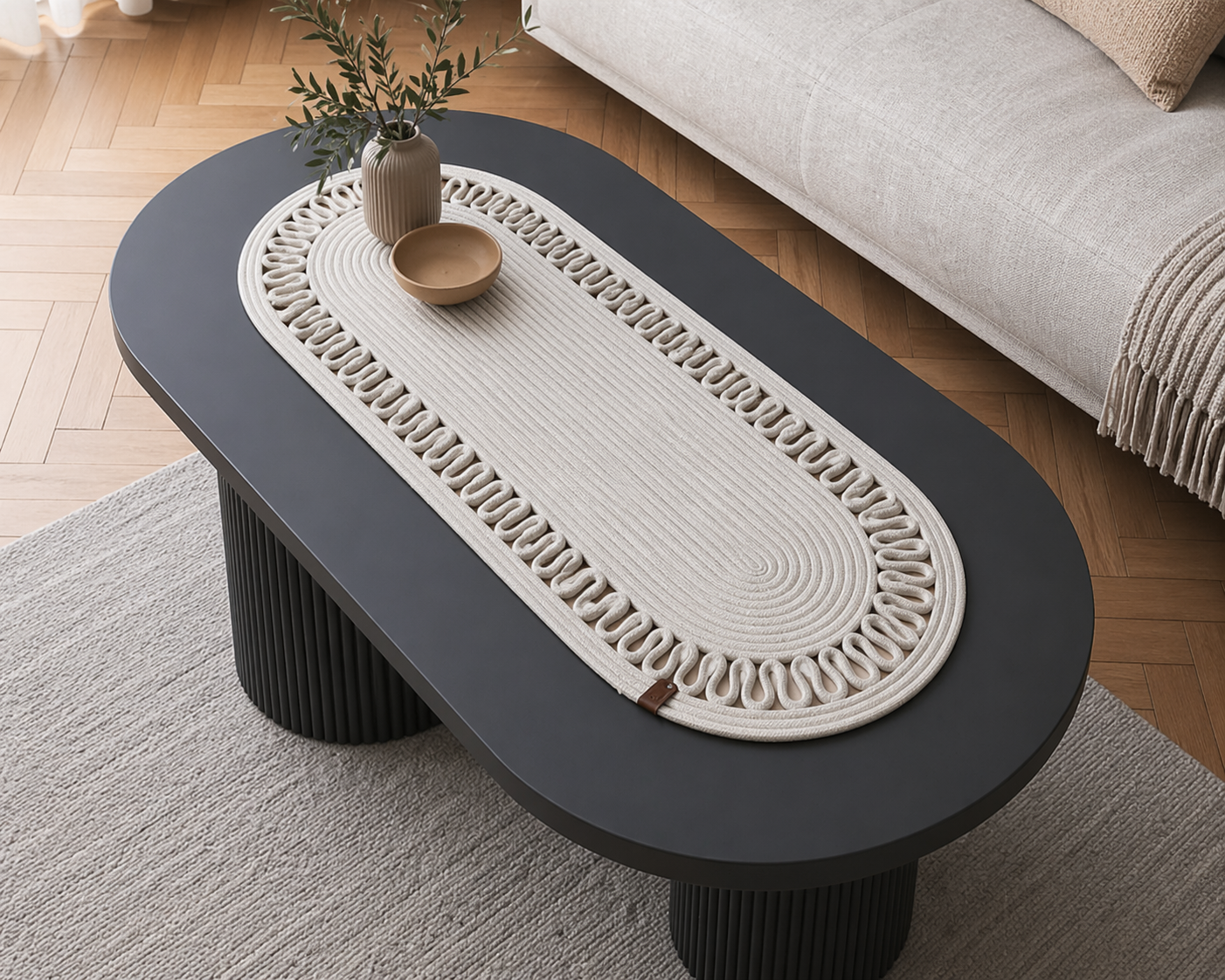 Cream Handwoven Oval Jute Table Runner