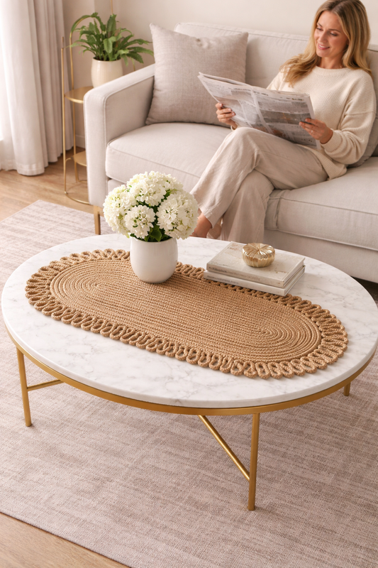Oval Jute Table Runner with Wicker - Boho Dining Table Decor