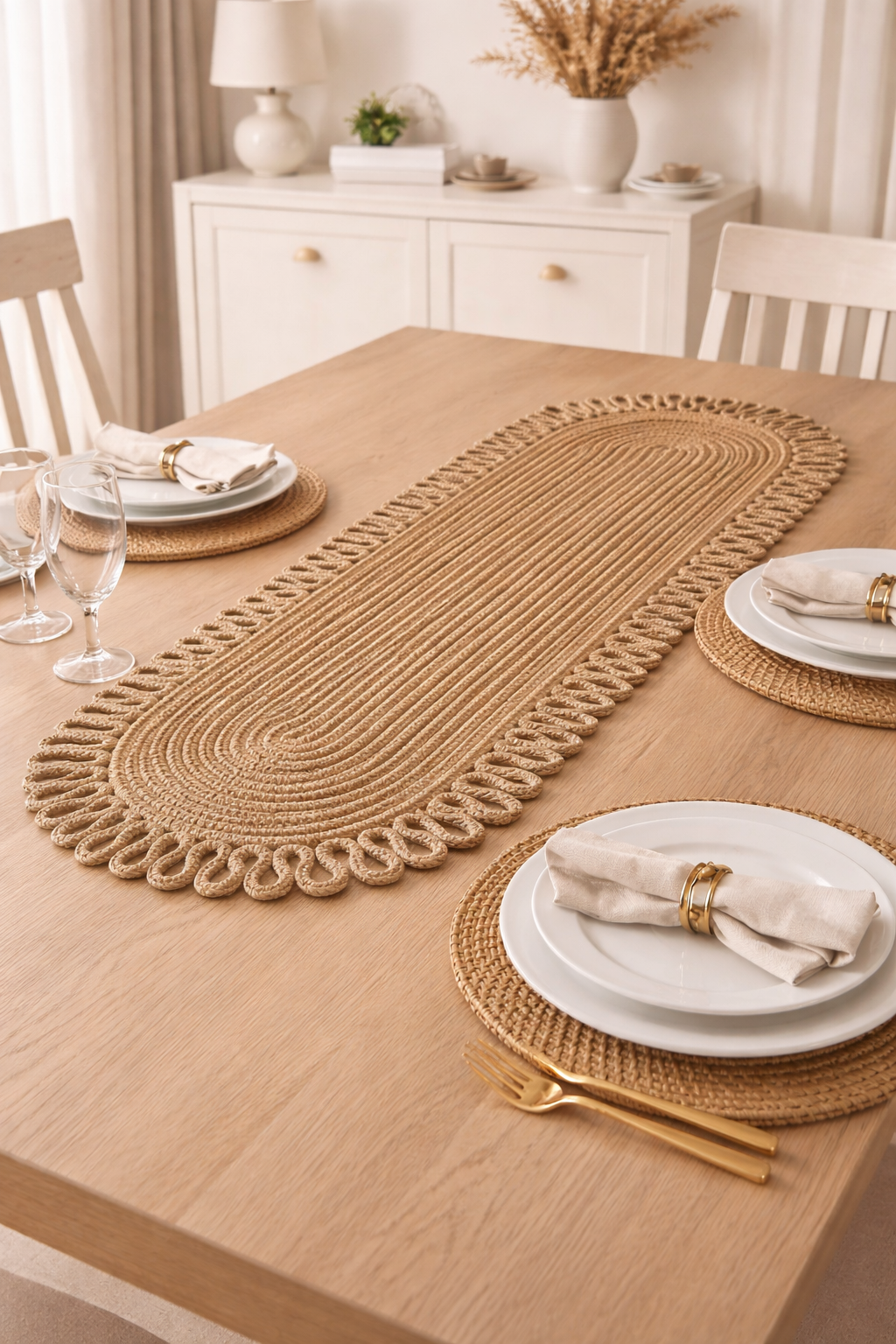 Oval Jute Table Runner with Wicker - Boho Dining Table Decor