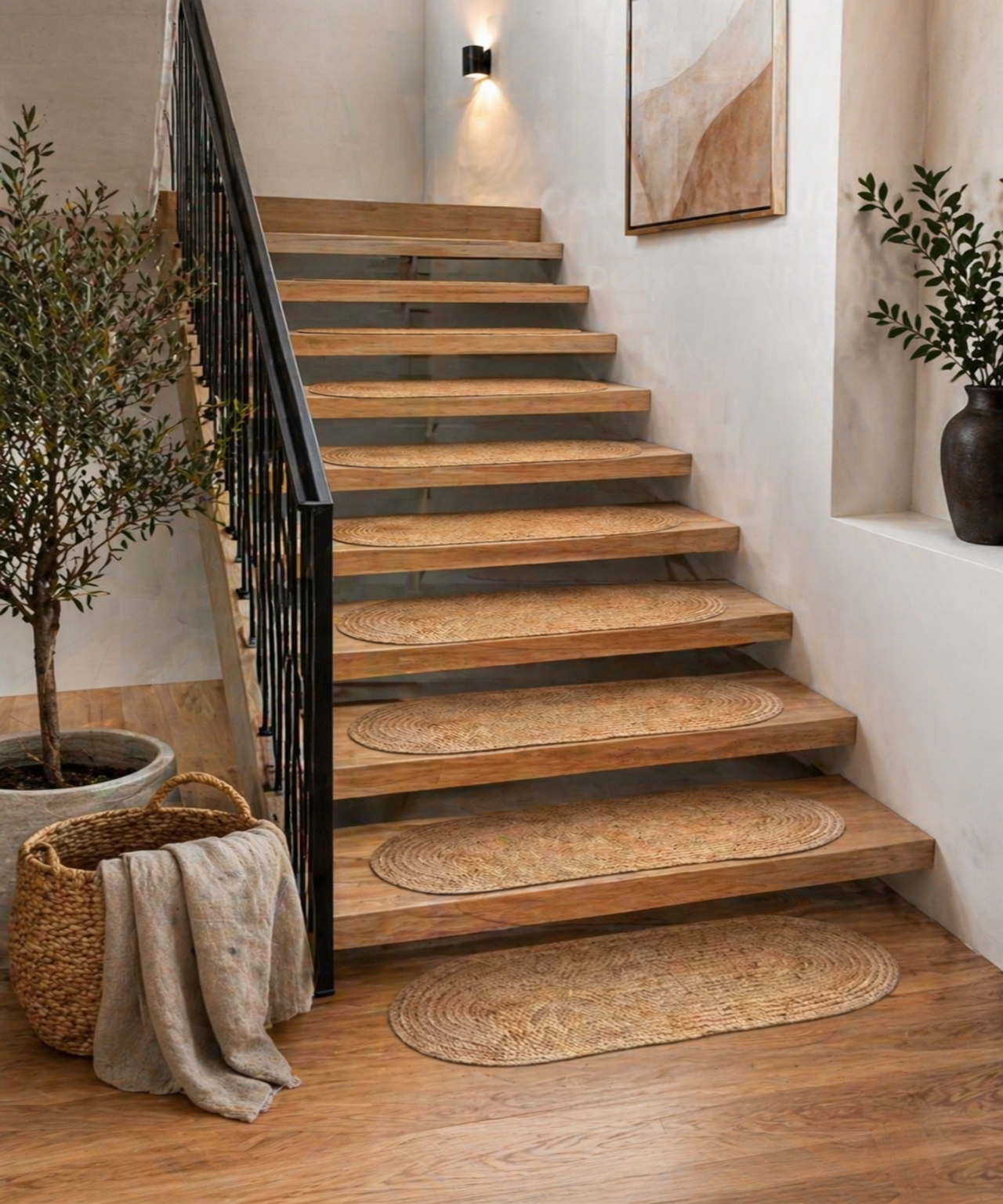 Set of 11 Jute Stair Treads, Non-Slip, Washable, 8mm Thic