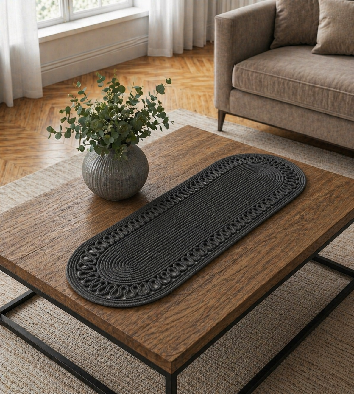 Anthracite Jute Table Runner, Handmade Rope Table Decor