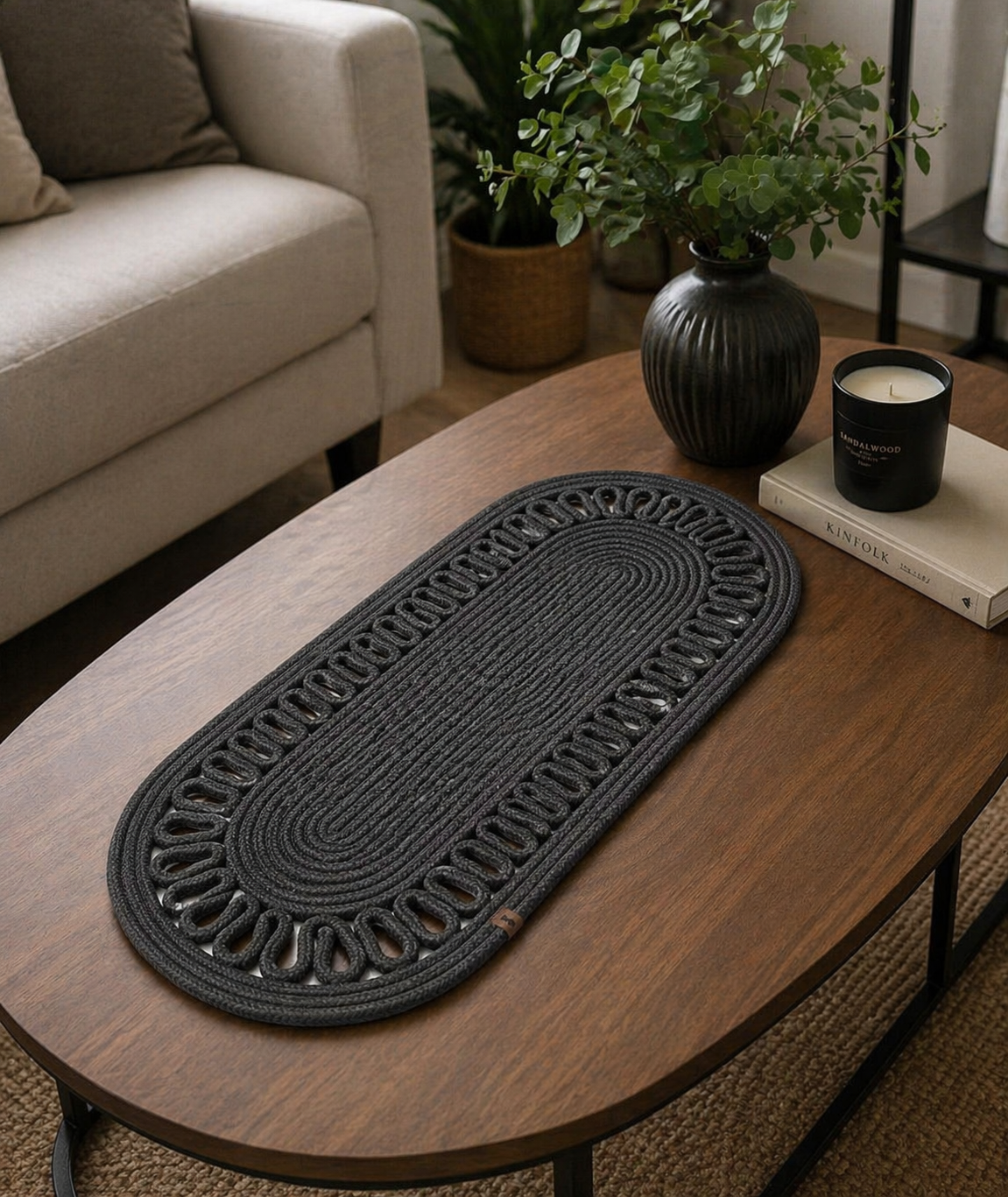 Anthracite Jute Table Runner, Handmade Rope Table Decor