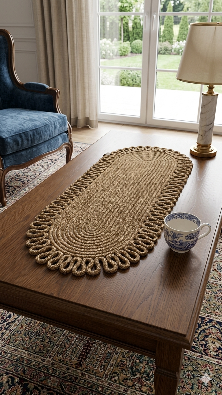 Oval Jute Table Runner with Wicker - Boho Dining Table Decor