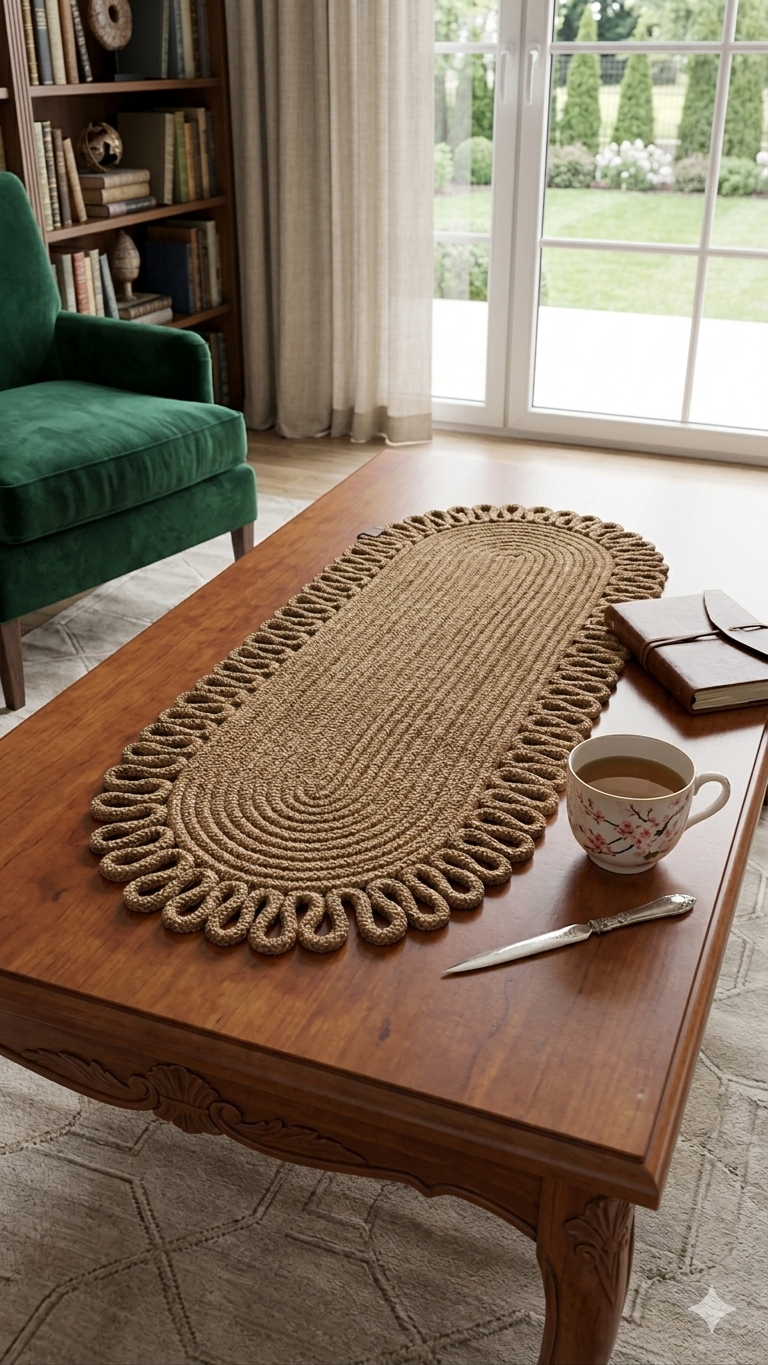Oval Jute Table Runner with Wicker - Boho Dining Table Decor