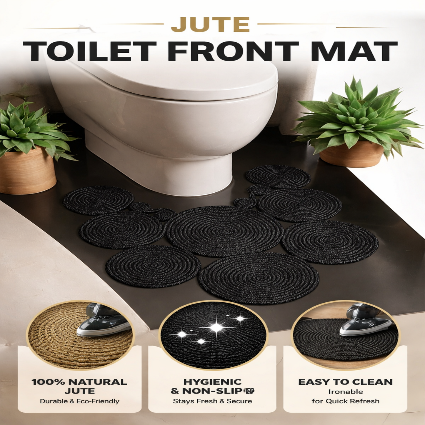 Black Handmade Jute Toilet Mat, Natural Bathroom Rug, Boho Toilet Floor Mat