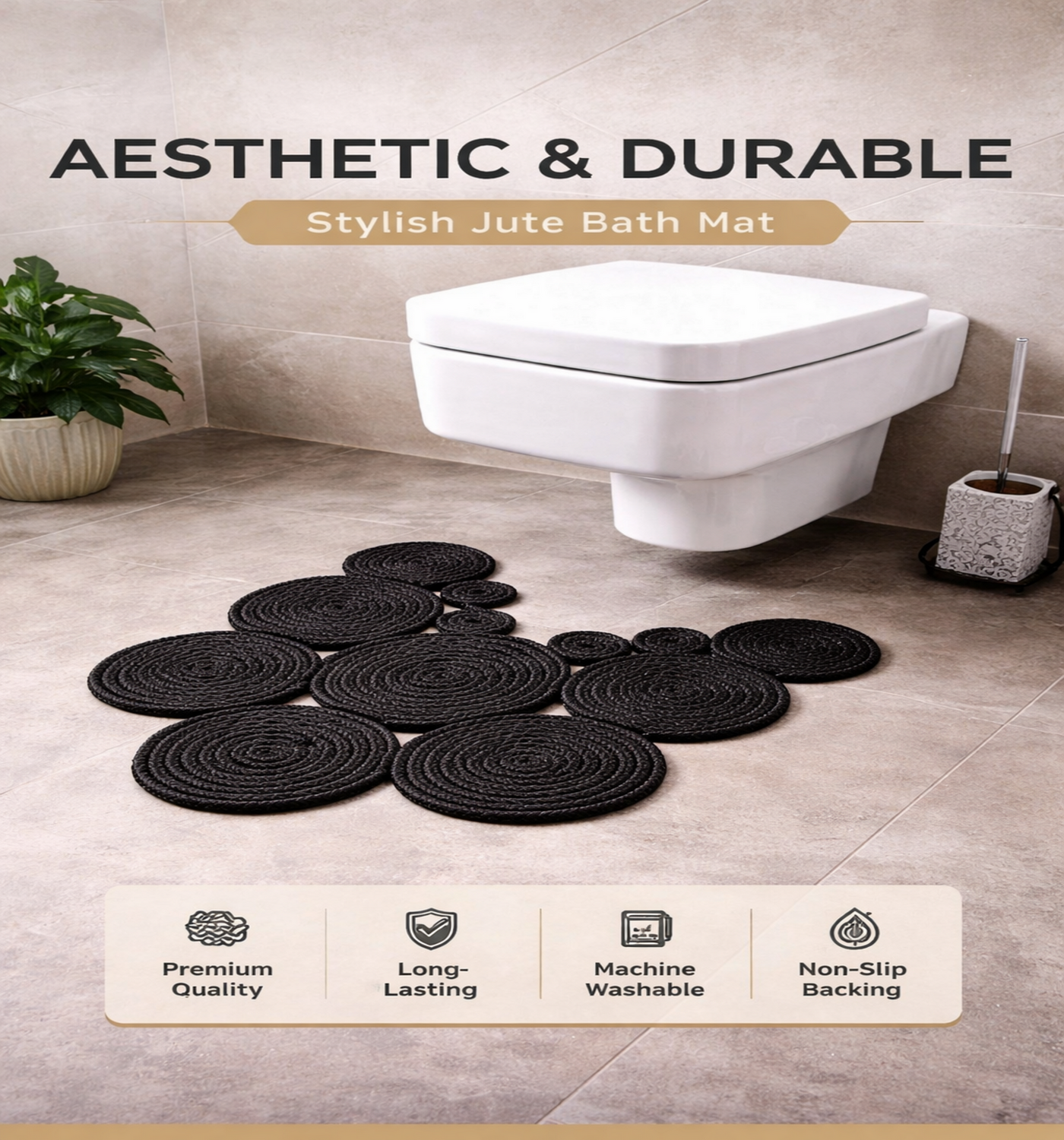 Black Handmade Jute Toilet Mat, Natural Bathroom Rug, Boho Toilet Floor Mat