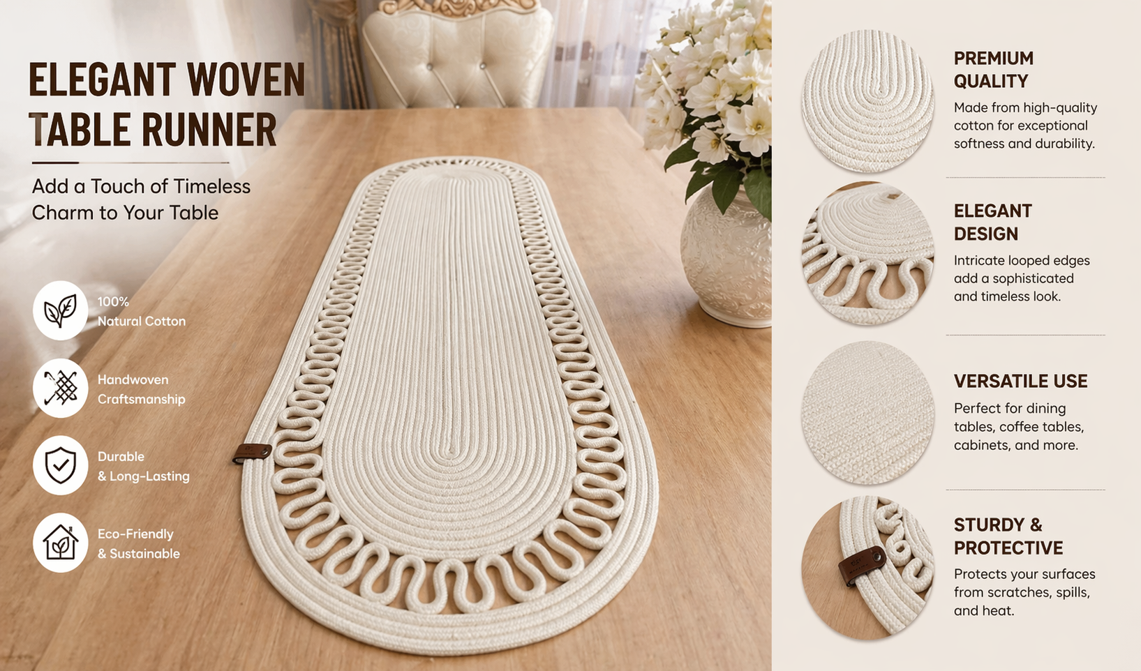 Cream Handwoven Oval Jute Table Runner