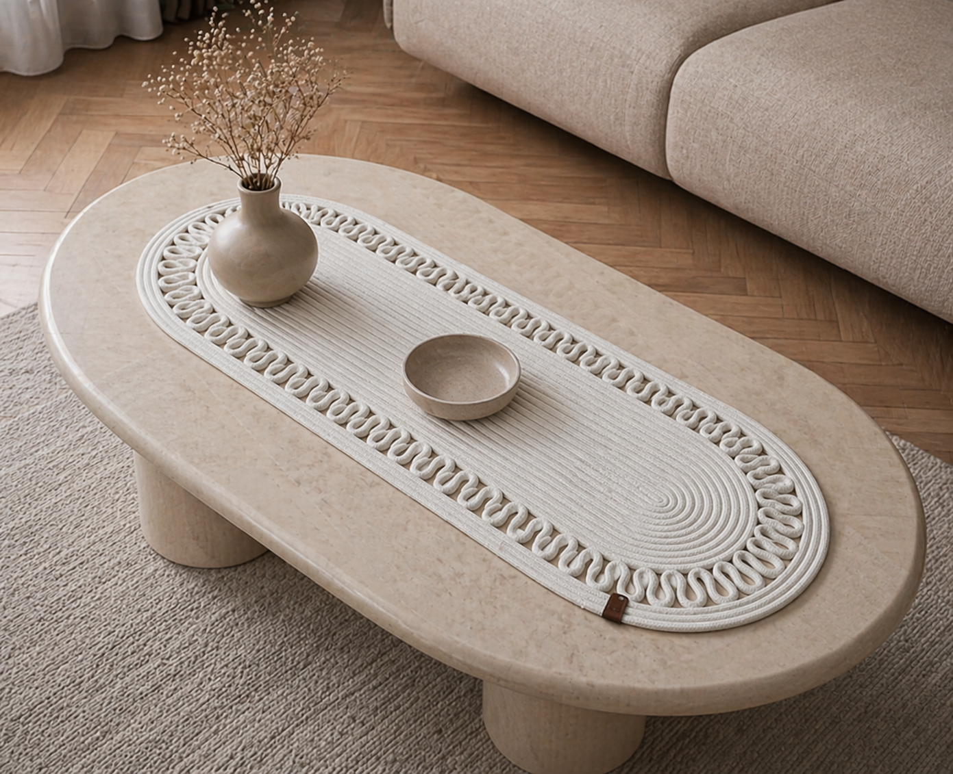 Cream Handwoven Oval Jute Table Runner