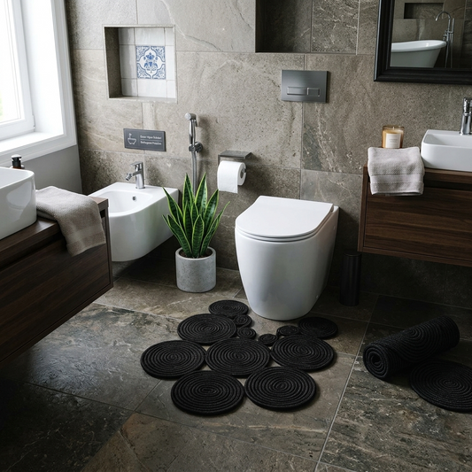 Black Handmade Jute Toilet Mat, Natural Bathroom Rug, Boho Toilet Floor Mat