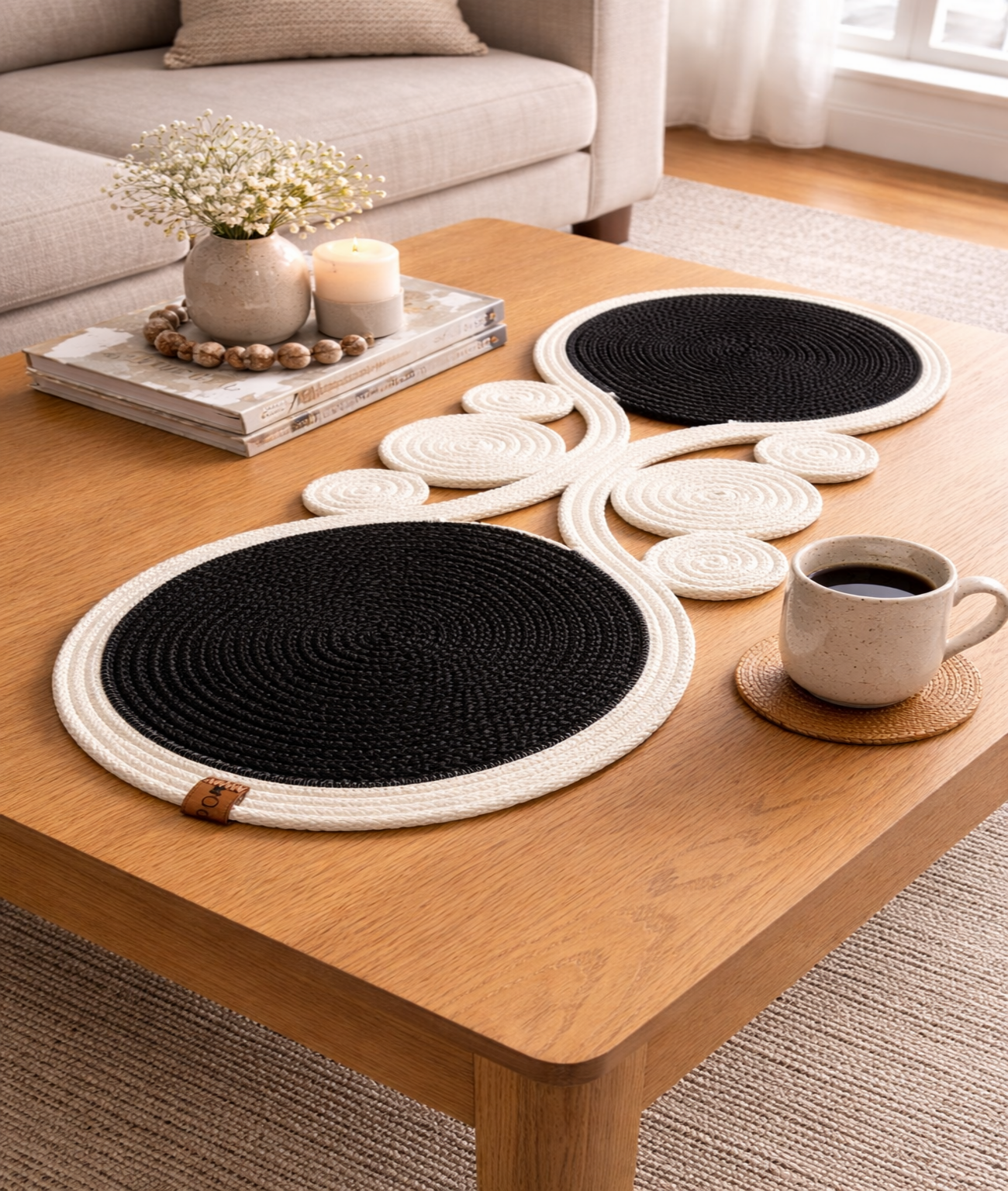 Black and White Handmade Jute Table Runner