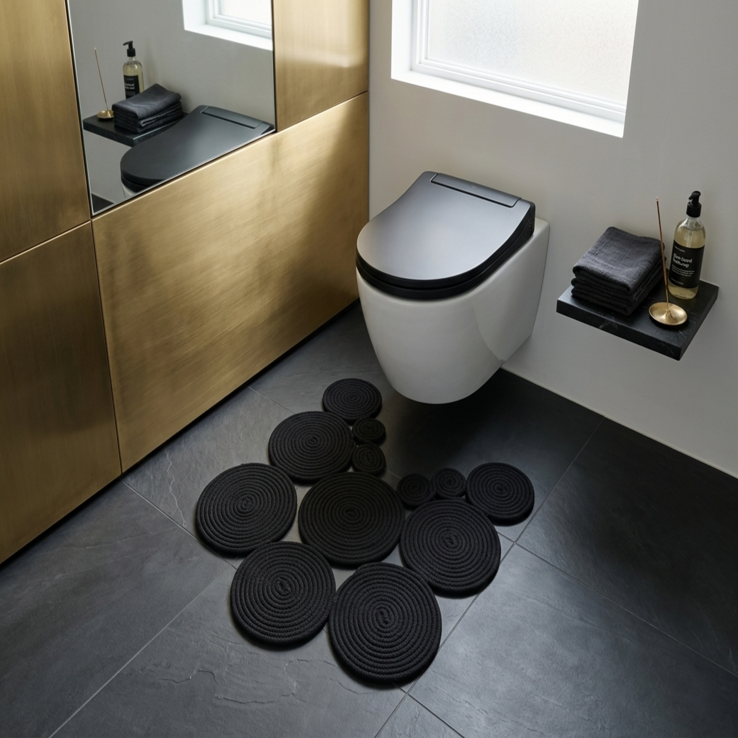 Black Handmade Jute Toilet Mat, Natural Bathroom Rug, Boho Toilet Floor Mat